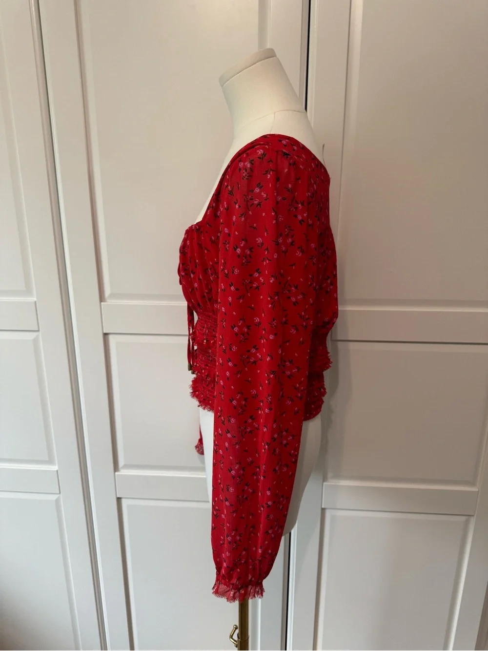 Free People Lolita Red Floral Smocked Square-Neck Long-Sleeve Crop Top Medium